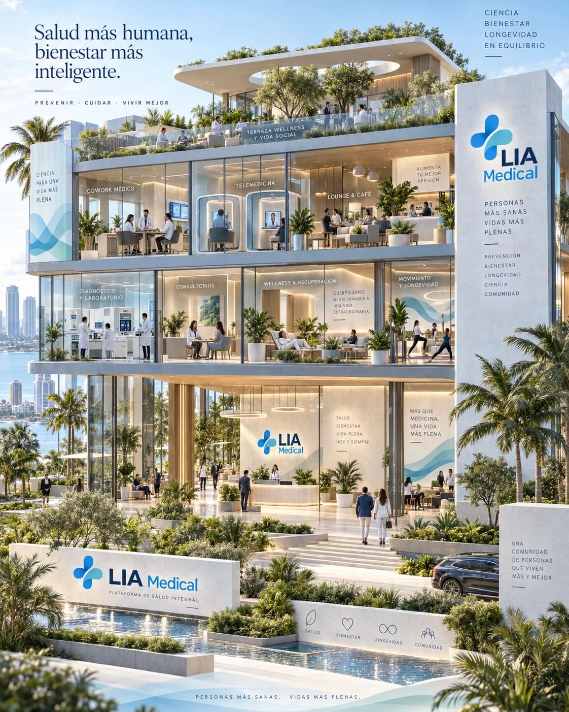Edificio de LIA Medical con cowork médico, telemedicina, laboratorio, wellness y terraza frente al mar