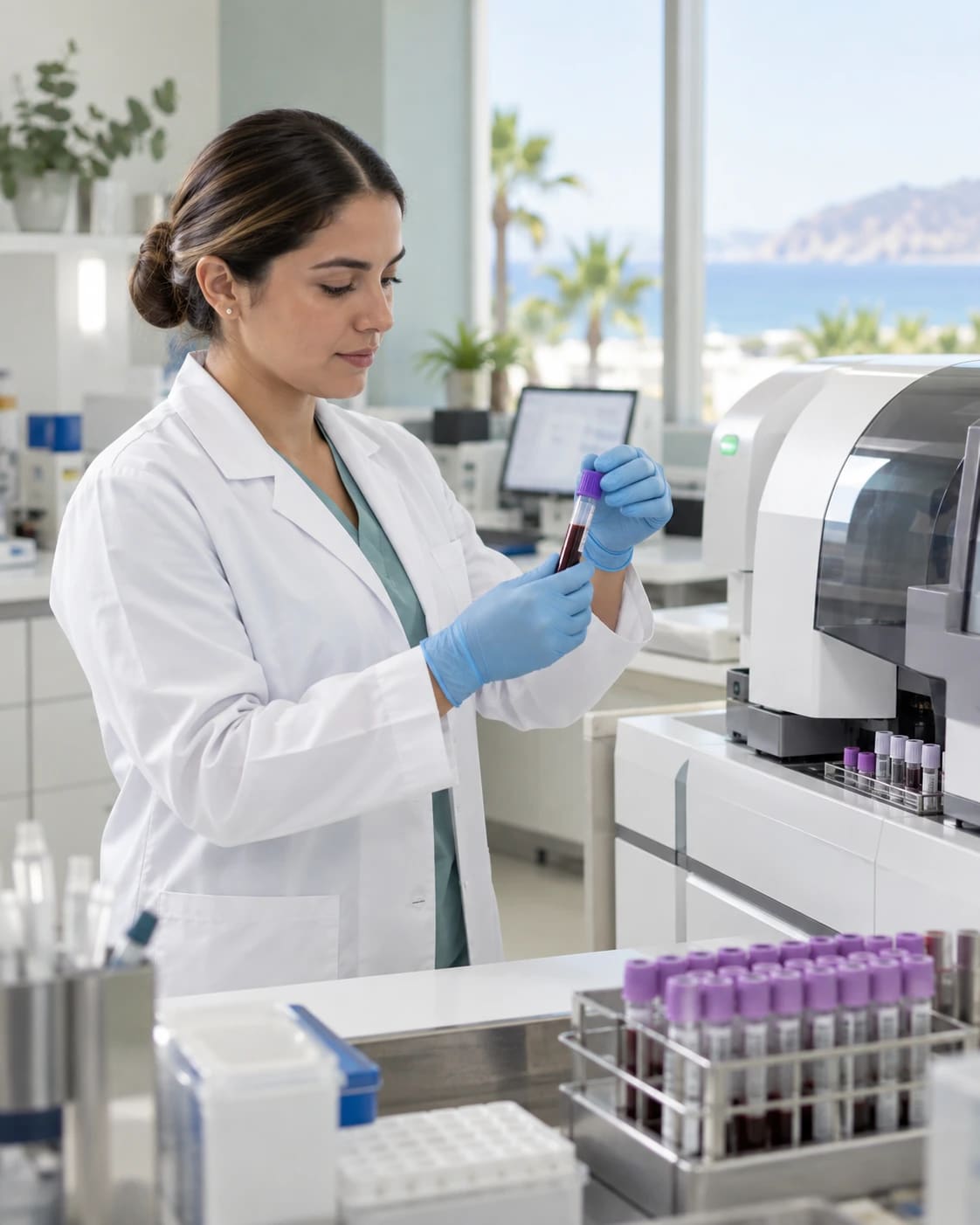 Profesional de laboratorio prepara una muestra junto a un equipo de análisis clínico