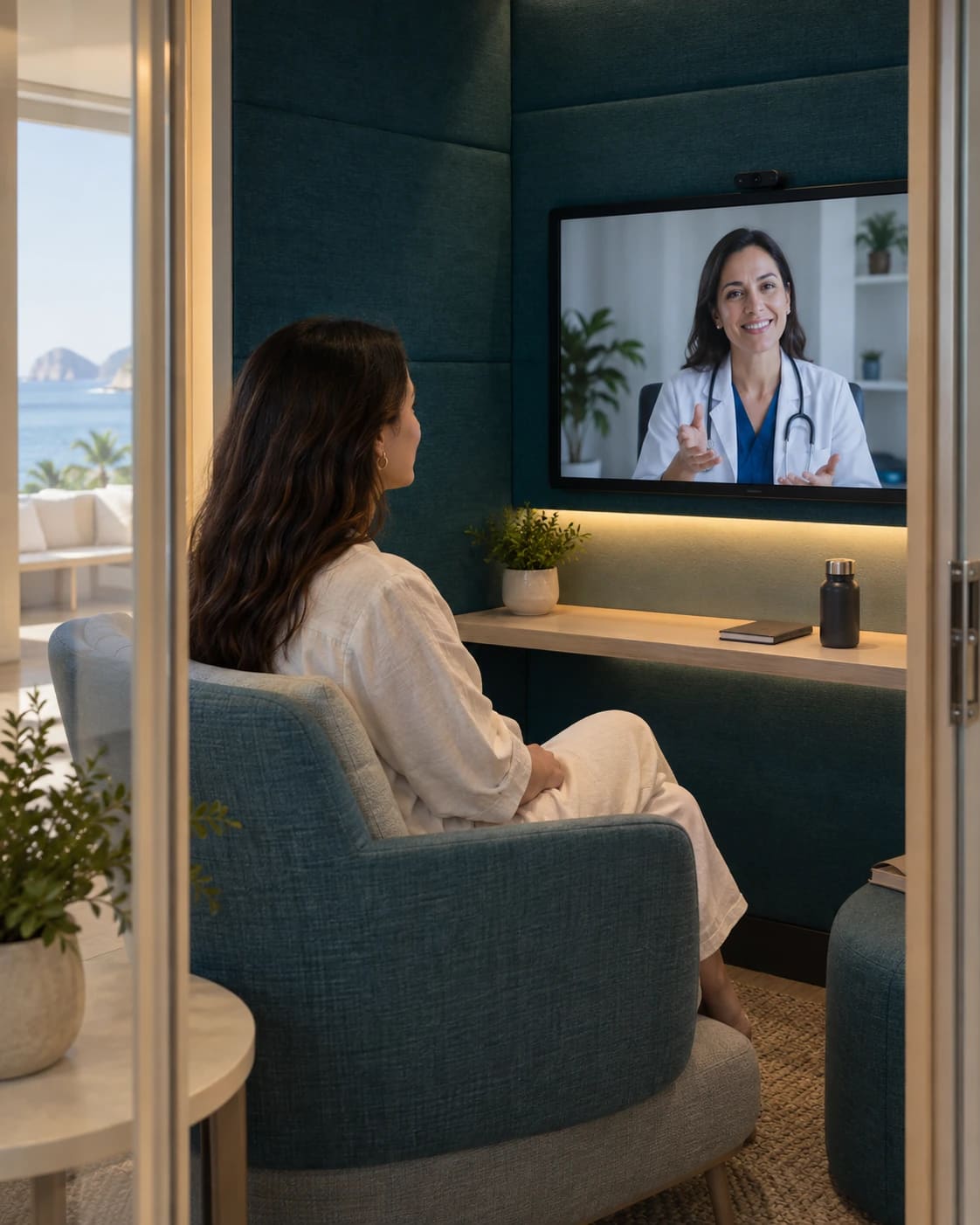 Paciente conversa por videollamada con una médica desde un telepod privado